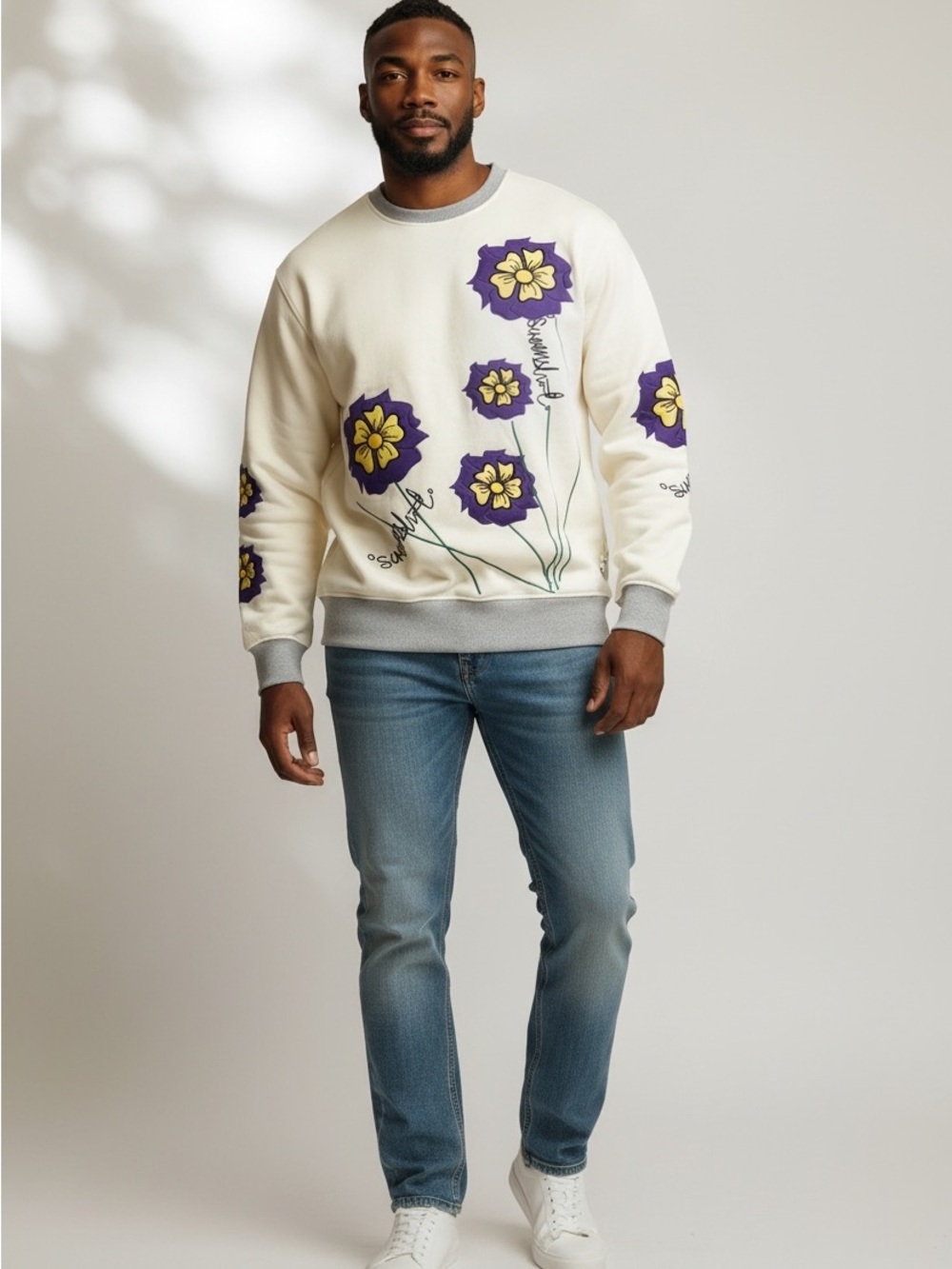 Cream Floral Graphic Pullover Sweater
